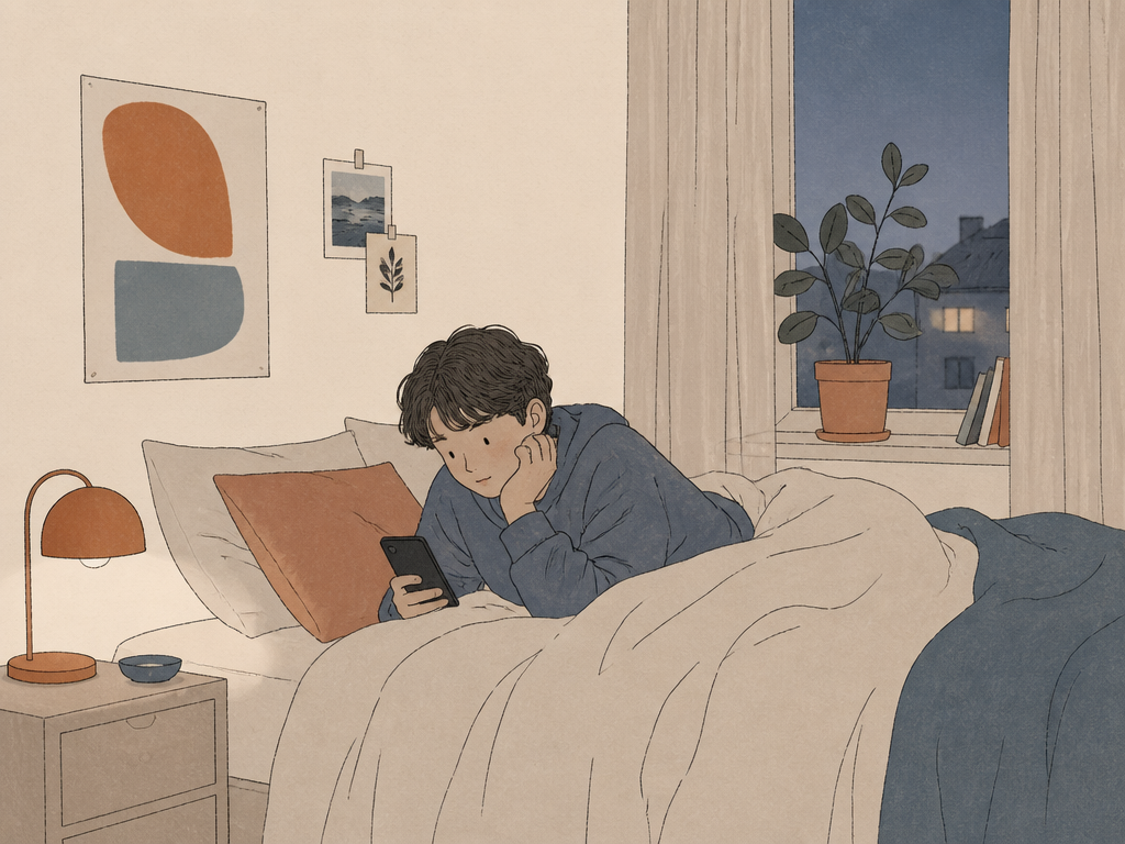 Illustration: en ungdom ligger på sängen i sitt rum på kvällen med mobilen i handen